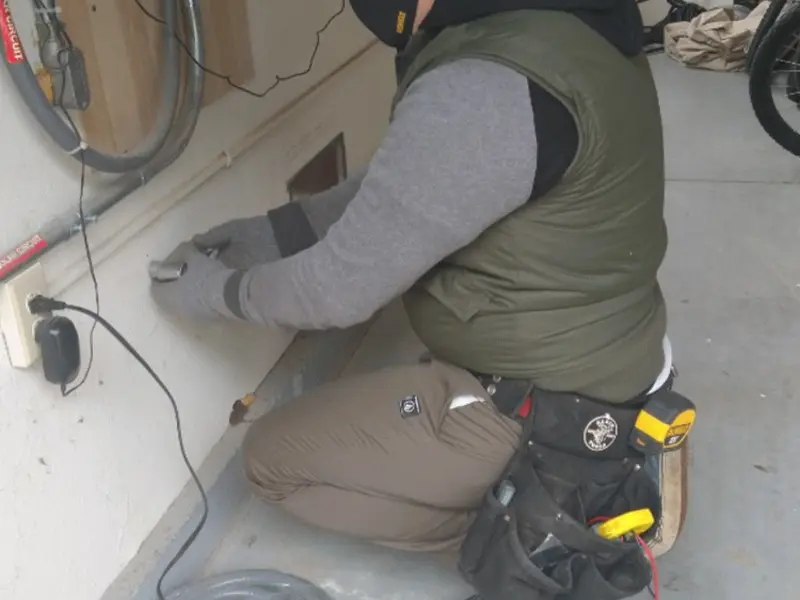 Electrician performing outlet wiring in a Bourbonnais garage